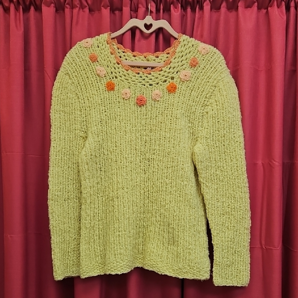 Handknit Sweater with Crochet Flowers
